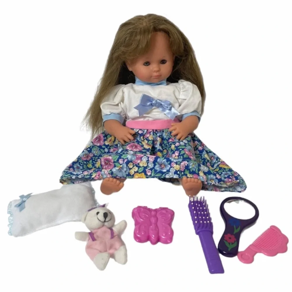 Vintage Doll Set Doll Accessories Case Doll Bundle Blue Pink White Floral Dress